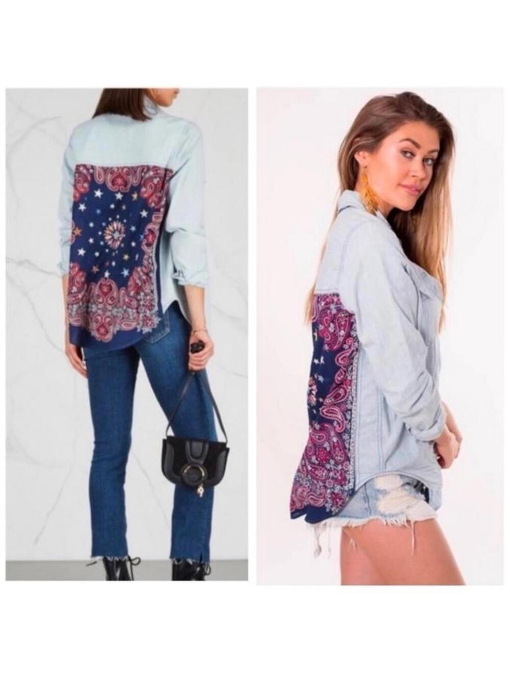 Free People Embroidered Bandana Bandit Chambray Button Down Shirt Women’s Small - Picture 15 of 15